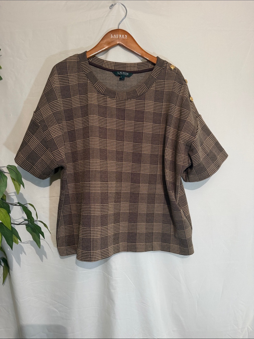 Lauren Ralph Lauren Brown Plaid Short-Sleeve Knit Top with Shoulder Buttons